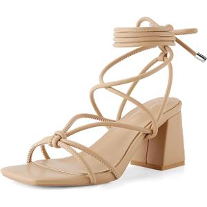Shoe'N Tale Lace Up Heels for Women Ankle Strappy Gladiator High Heeled Sandals Chunky Block Heel Square Open Toe Criss Cross Dress Shoes Size 9.5