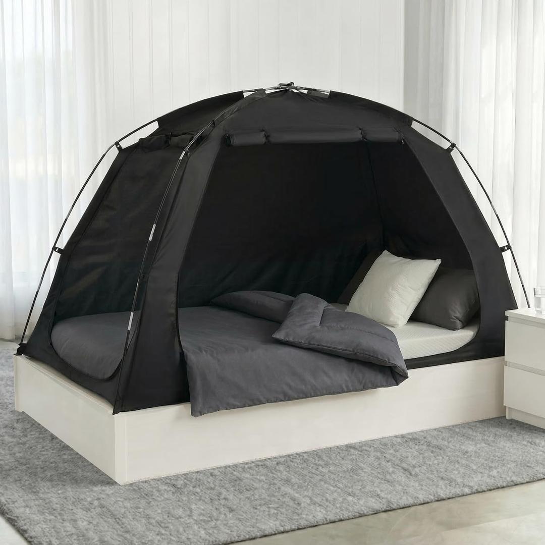 Alvantor Bed Tent, 93% Blackout Privacy Sleep Tent for Indoor Use, Easy to Set Up Dream Play Tents with 2 Doors, Portable Breathable Shelter for Kids and Adults, Black