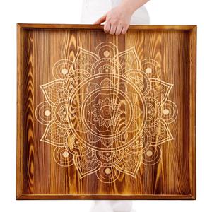 24 x 24 Ottoman Tray Wooden Serving Tray with Handle Mandala Designs Large Rustic Square Ottoman Tray Farmhouse Coffee Table Trays Multipurpose Decorative Platters for Living Room (Dark Brown)