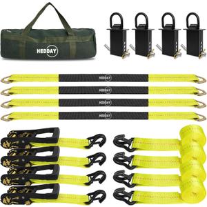 Car Tie Down Straps for Trailers with Stake Pocket D Rings, 2" x 8' Ratchet Straps with J Hooks,4 Pack 36" Axle Straps-10,000lbs Break Strength - Use for Car, Truck, UTV Transport