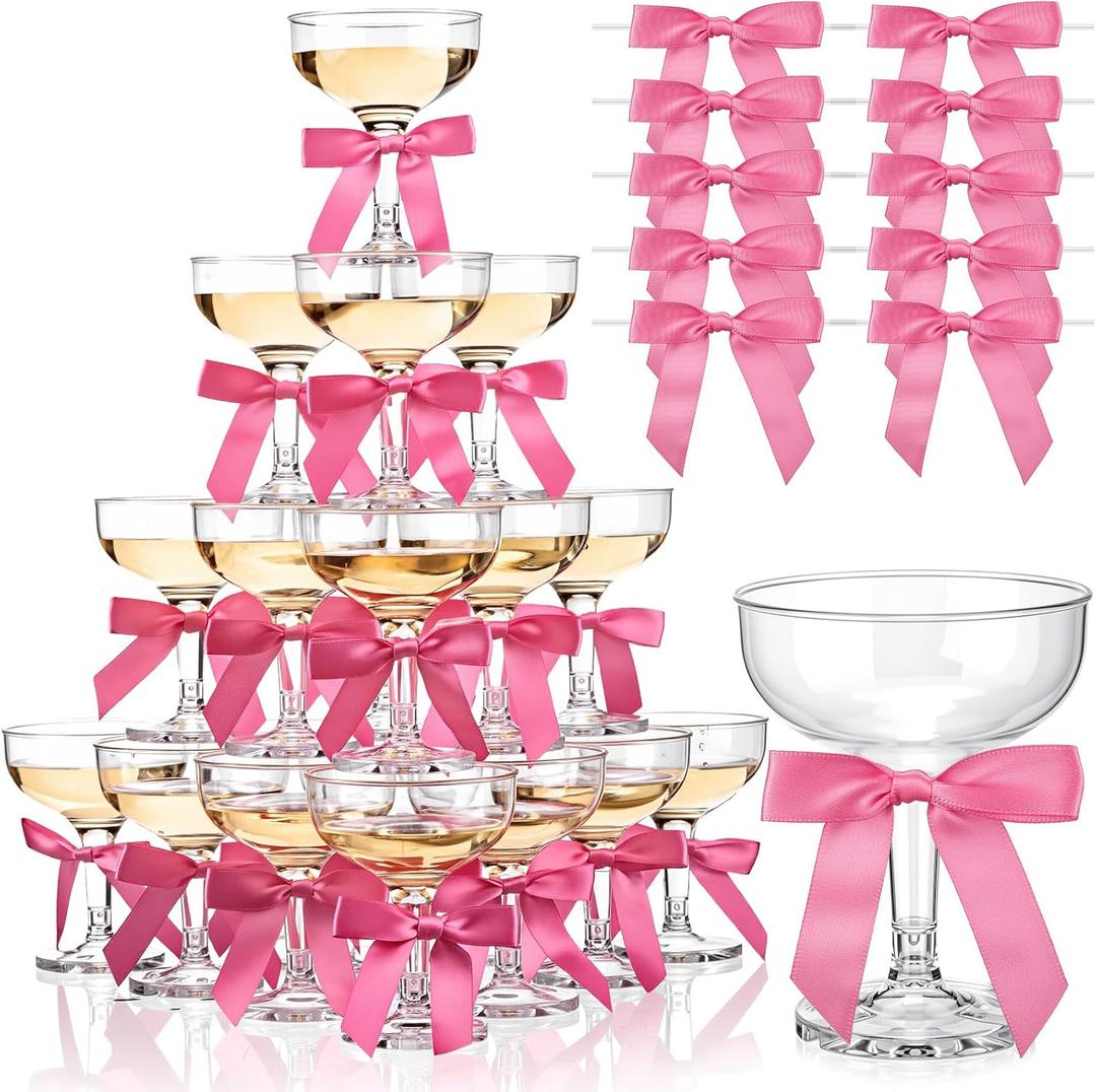 Zopeal Set of 30 Plastic Martini Glasses 5 oz Champagne Flutes Margarita Cocktail Glasses with Bow 2.8 Inch for Valentines Birthday Bachelorette Party Home Bar Wedding Champagne Towers (Pink)