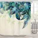 Riyidecor Teal Peacock Turquoise Feather Shower Curtain for Bathroom Decor 72Wx72H Inch Watercolor Green Leaf Bathtub Accessories for Women Girl Vintage Floral Panel Set Fabric Waterproof 12 Pack Hook