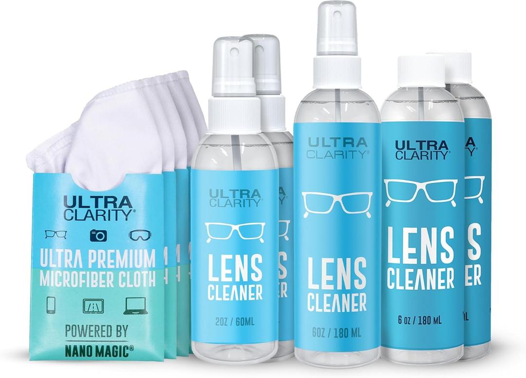 Powered by Nano Magic Eyeglass Lens Cleaning Spray 22oz Value Pack | 2 2oz Sprays, 6oz Spray, 2 6oz Refills, 5 Microfiber Cloths | Ideal for Glasses, Phone, Screens, Coated Surfaces (10 Piece Set, Kit)