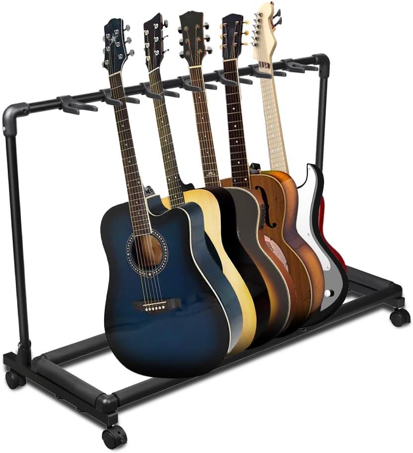 AZOR 7 Multi Guitar Stand Rack with Wheels, Foldable Design 7 Holder Guitar Rack for Acoustic Electric Guitar, Bass, Soft Cushioning Sponge Protects Your Instruments
