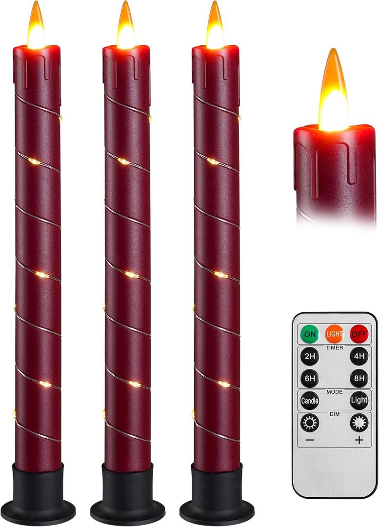 Da by 3 Pcs Flickering Flameless Battery Operated Taper Candle-Window Candles with Remote and Time-LED 3D Dynamic Flame-9.6 Inches for Wedding, Party,Home Decoration- Red