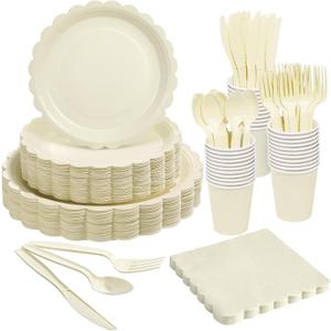 Goodluck Ivory Scalloped Disposable Tableware Set - 350PCS (50 Guests), 7"&9" Plates, 9oz Cups, Napkins, Cutlery, Food Grade, Waterproof & Oil-Proof for Birthday, Wedding, Bridal&Baby Shower