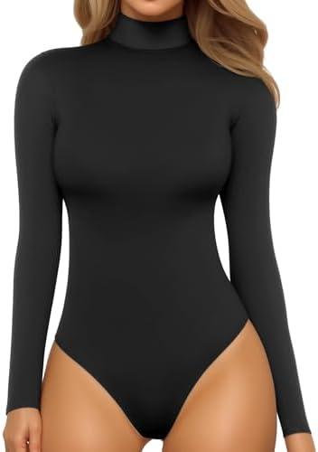 MANGOPOP Women's Mock Turtle Neck Long Sleeve Tops Bodysuit Jumpsuit, Large