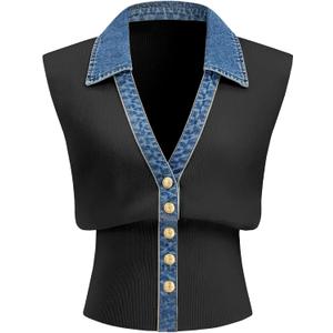 Womens Denim Trim Sweater Vest Sleeveless V Collar Crop Tank Top Knit Loose Pullover Outfit (Black, S)