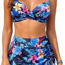 Yonique Womens Underwire Bikini with Skirt - Push Up Bathing Suit Two Piece High Waisted Swimsuit 2025 Swimwear Blue and Flower L