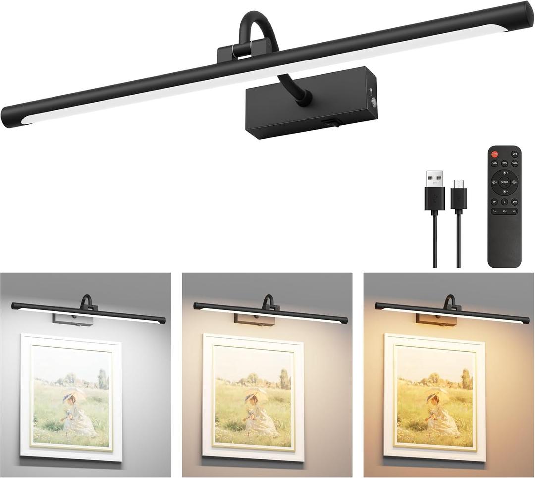 Aipsun 23.6" Black Picture Lights for Wall Rechargeable,12000mAh Battery Operated Art Light for Paintings,3CCT Dimmable, Rotatable Gallery Light for Pictures Display