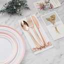 BESTVIP 350PCS Rose Gold Disposable Dinnerware Set for 50 Guests, Plastic Plates for Party, Wedding, Christmas, Include: 100 Plastic Plates, 50 Silver Silverware, 50 Cups, 50 Napkins