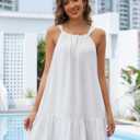 Eddoyee Women Beach Swimsuit Coverup Sleeveless Backless Vacation Cover Ups Ruffle Flowy Dress with Pockets (White, M)