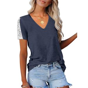 Eachyes Lace Short Sleeve Shirts for Women Trendy Summer Casual V Neck Tops Blouses Navy Blue XX-Large