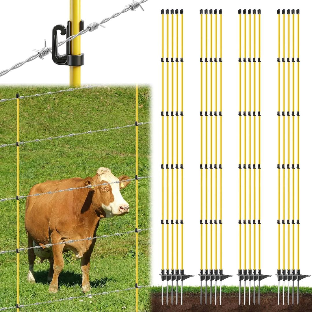 80 Inches Electric Fence Posts Fiberglass Step-in 20 Pack, Temporary Fence Stakes with Adjustable Clips for Livestock, Garden, Farm Protection