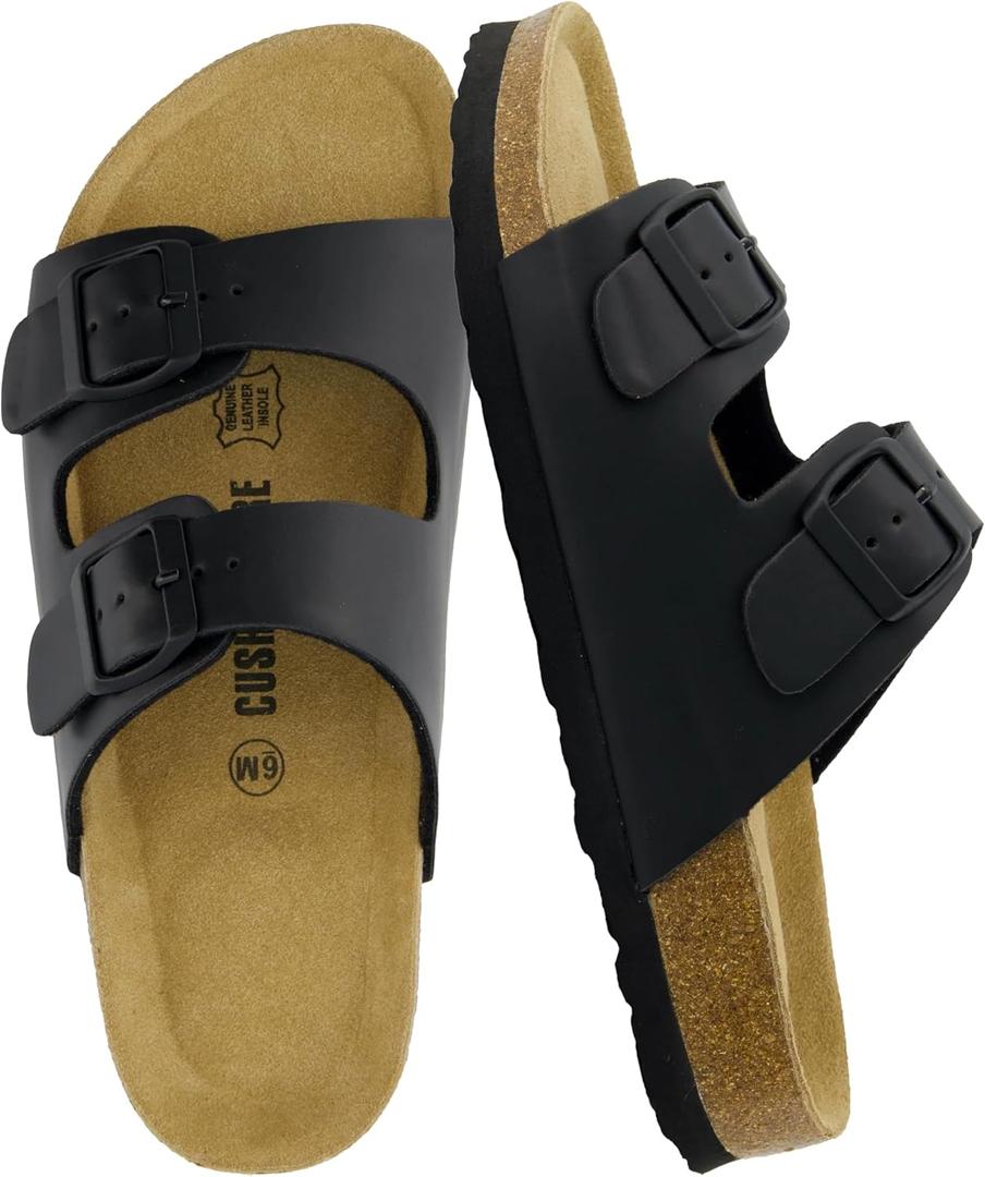 CUSHIONAIRE Lane Cork Footbed Sandals for Women  Comfortable Double Buckle Slip-On with Genuine Suede Footbed & Arch Support Slides for Women Footwear (7.5, Black Oily)