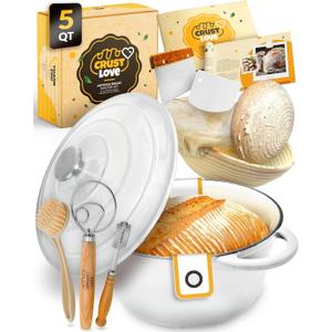Dutch Oven for Bread Baking - incl. Sourdough Bread-Baking Supplies like Banneton Bread-Proofing Basket - 5QT Enameled Cast Iron Bread-Oven with Lid, Baking Pan, Scoring Tool Lame (White)