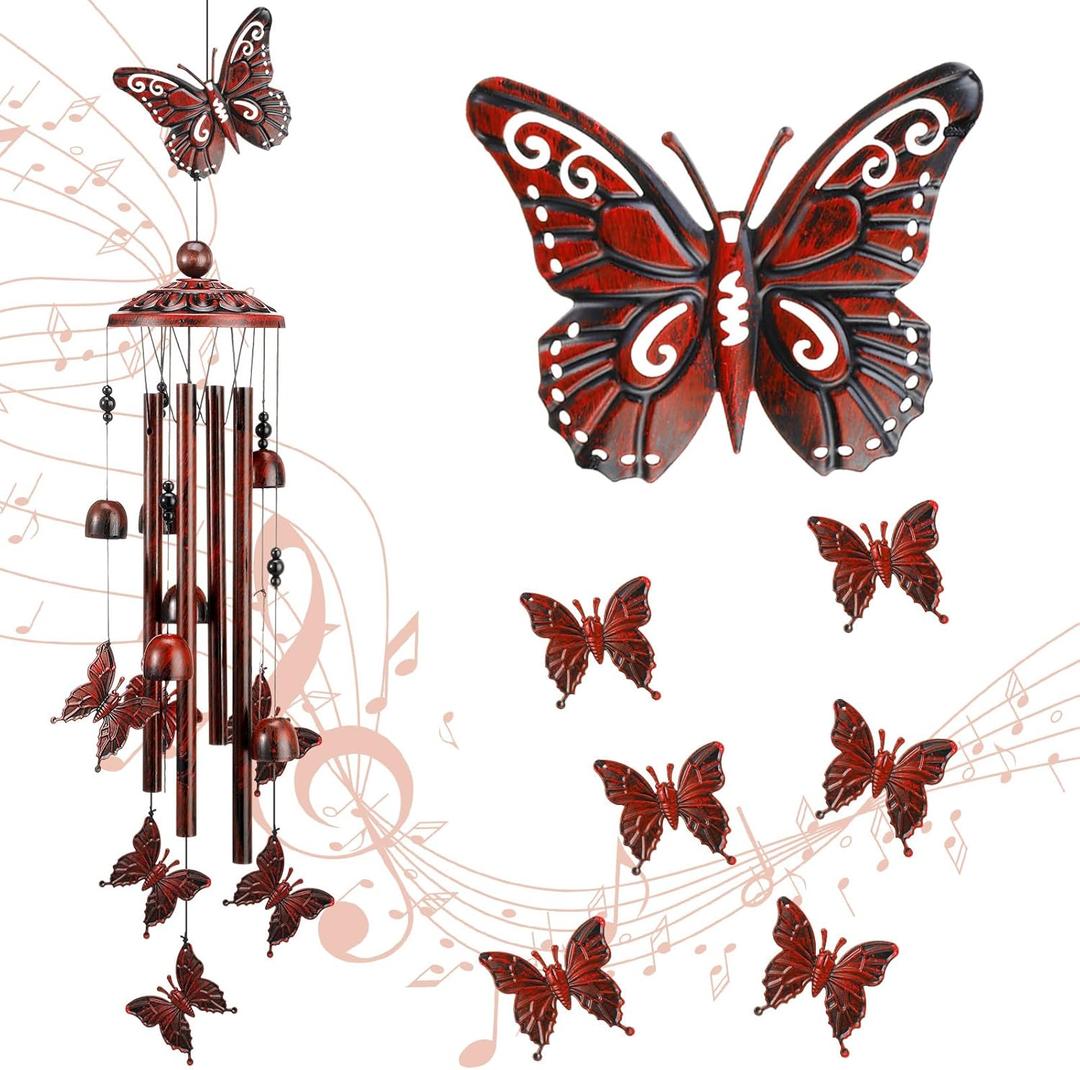 35" Christmas Butterfly Wind Chimes for Outside Garden Decor with 4 Aluminum Tubes and 6 Charming Bells for Patio Porch Yard Decor, Christmas Gifts for Women Mom Grandma(Red and Black)