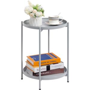 HollyHOME 2-Tier Round Side Table, Outdoor Small Folding Accent Stand with Removable Tray, Anti-Rust Metal Asional Table for Balcony Patio Living Room, Nightstand for Bedroom(Grey)