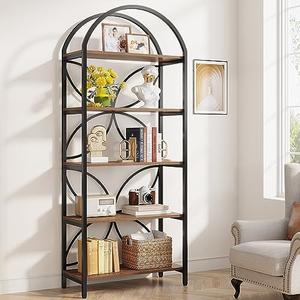 Tribesigns 5-Tier Bookshelf, 75 Inch Tall Arched Bookcase Shelf Storage Organizer, Industrial Book Rack With Metal Frame, Open Standing Display Rack for Bedroom, Living Room, Home Office, Rustic Brown