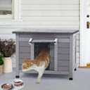 Outdoor Feral Cat House Weatherproof, Small Wooden Rabbit Hutch Bunny Cage Indoor-PVC Door Flaps