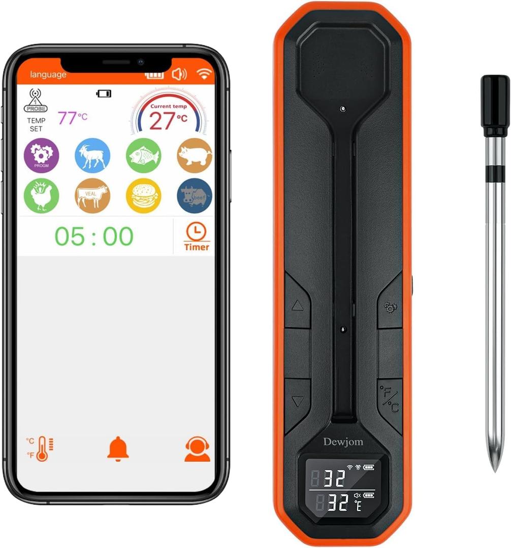 Wireless Meat Thermometer Digital Cooking Thermometer with Wireless Probe 500Ft Remote Range Food Thermometer with iOS & Android Read App -Preprogrammed Temperatures for BBQ, Oven, Grill