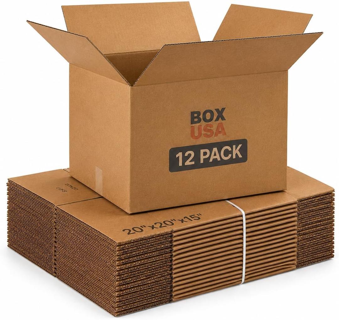 BOX USA Moving Boxes 20"L x 20"Wx 15"H (12-Pack) Large + Packaging Tape - Shipping, Mailing, Packing, Packaging and Storage