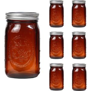 Amber Glass Mason Jars, 32oz Wide Mouth Jars 6 Pcs, Air Tight, Leak Resistant, Large Canning Jars, Quart Mason Jars for Canning, Storing Food, Spices, Meal Prep and Overnight Oats
