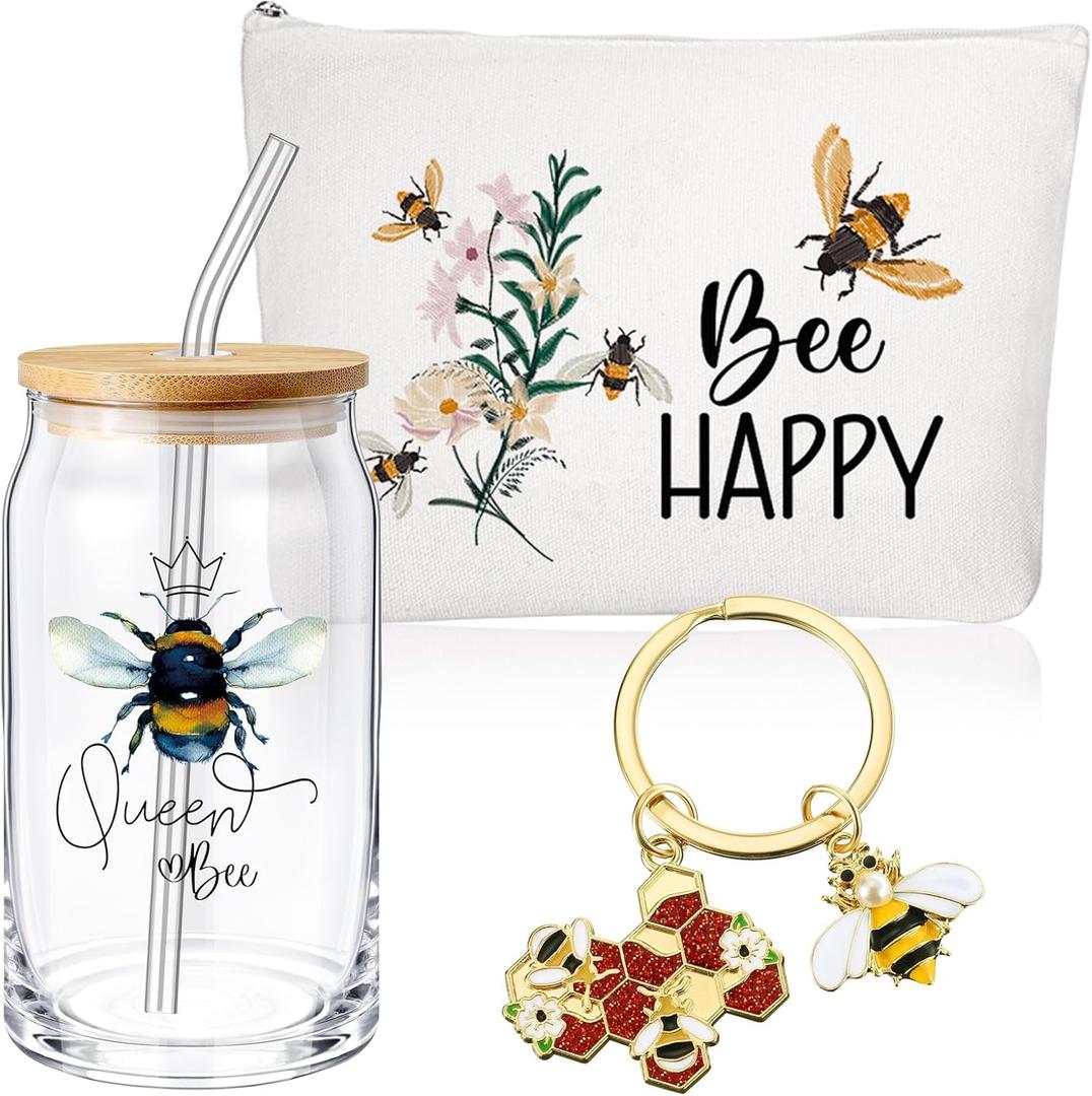 Hushee 3 Pcs Employee Appreciation Bee Theme Gifts for Women Makeup Bag and Glass Cup with Lid Straw Keychain Thank You Gifts for Back to School Housekeeping Week Staff Volunteer