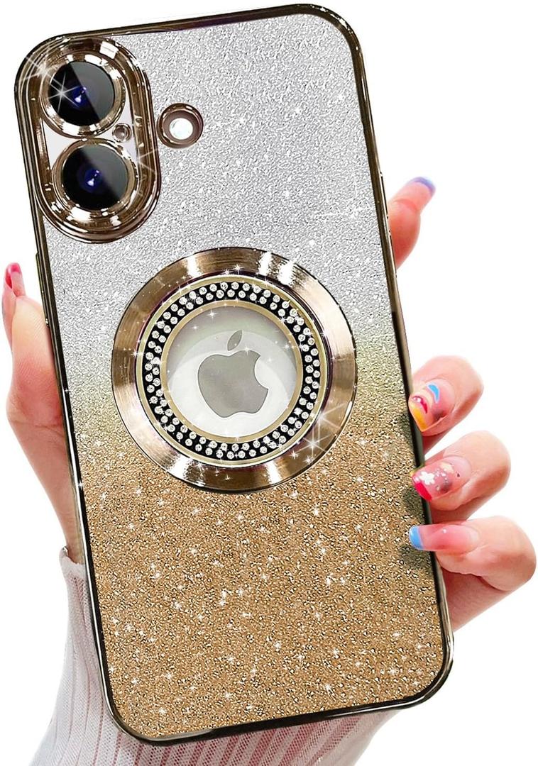 Misscase for iPhone 17 Magnetic Glitter Case Compatible with MagSafe,Full Protection Slim Shockproof Anti-Scratch Case with Camera Lens Protector Plating Bling Dust-Proof Net for Women Gold