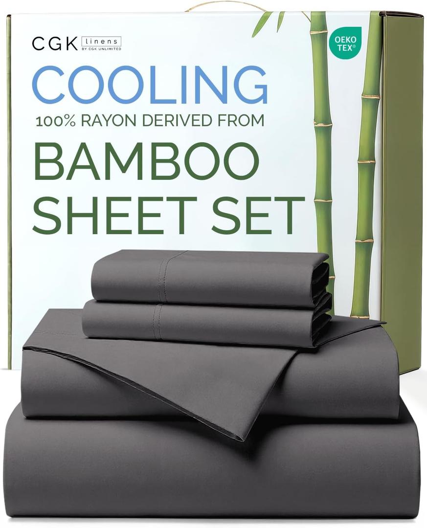 100% Rayon Derived From Bamboo - Bamboo Sheets King Size - Cooling Sheets for King - Soft, Breathable & Hotel Luxury Bedding - 1 Flat & 1 Fitted & 2 Pillowcases with 18 Inch Deep Pockets - Dark Grey
