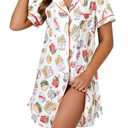 LYANER Women's Printed Nightgown Short Sleeve Sleepshirt Button Down Nightshirt Sleepwear Burger and Fries White Large