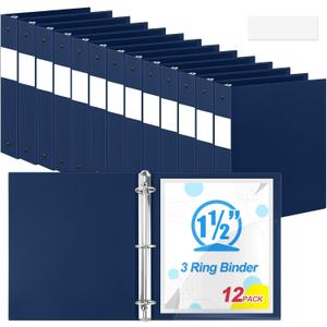 Henoyso 12 Pcs Navy Blue 1.5 Inch 3 Ring Binder Bulk, Fits Letter Size 8.5'' x 11'' Paper, Holds 350 Sheets, 2 Pockets Plastic Binders Pack for School Office Home Organization, Press-to-Open Ring