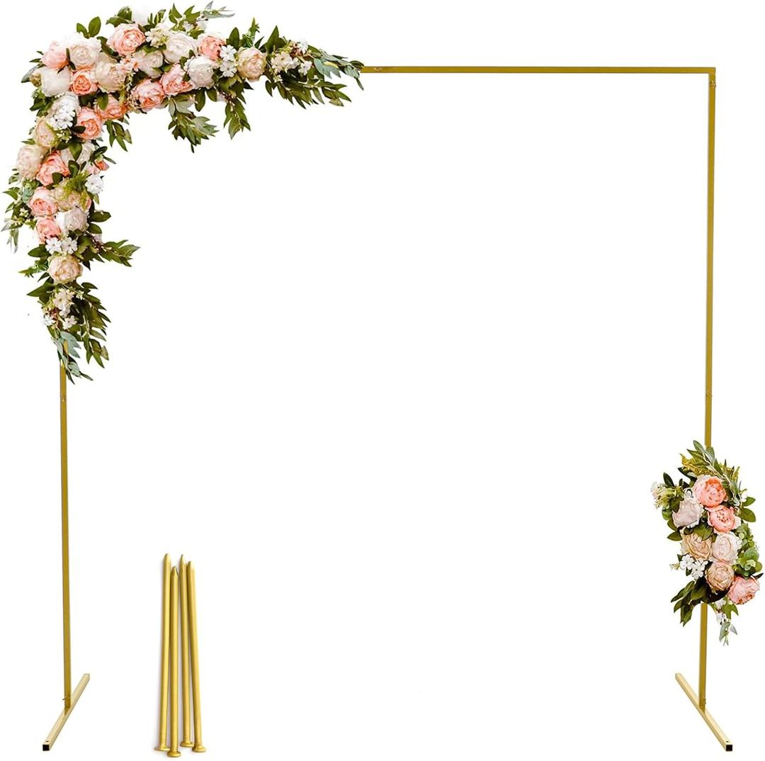 GARFANS Wedding Arch Square 6.56FT x 6.56FT Metal Backdrop Stand with Support Feet Nails Gold Balloon Arch Stand Garden Arbor Frame for Wedding Birthday Party Baby Shower Background Ceremony Decor