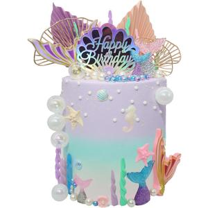 BiBo Mermaid Cake Topper Decorations, Tail Cupcake Toppers Under the Sea Cake Decor, Shells Seaweed Bubbles and Golden Leaves Happy Birthday Cake Set for Mermaid Theme Birthday Party.