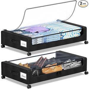 Under Bed Storage with Wheels, 2-Pack Under Bed Storage Containers with Clear Lids, XXL 60L Under the bed storage Organizer Bins, Rolling Under Bed Metal Drawer for Clothes,Shoes,Toys (Black, 2 Pack