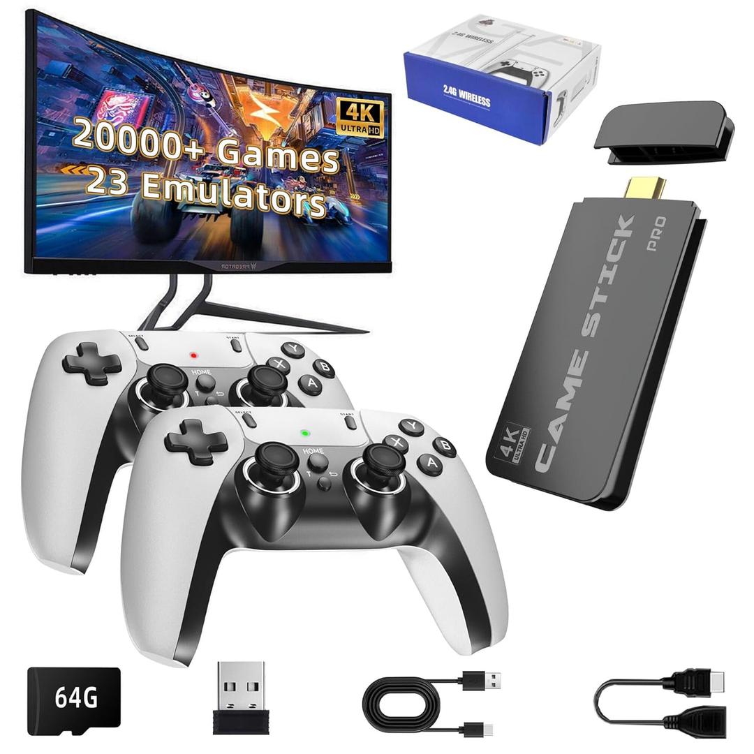 2024 Retro Game Console Stick, Nostalgia Gaming Stick, Over 20,000 Games and 19 Emulators, Upgraded Dual 2.4G Wireless Controllers, Plug & Play TV Video Gaming Stick with 64GB Memory
