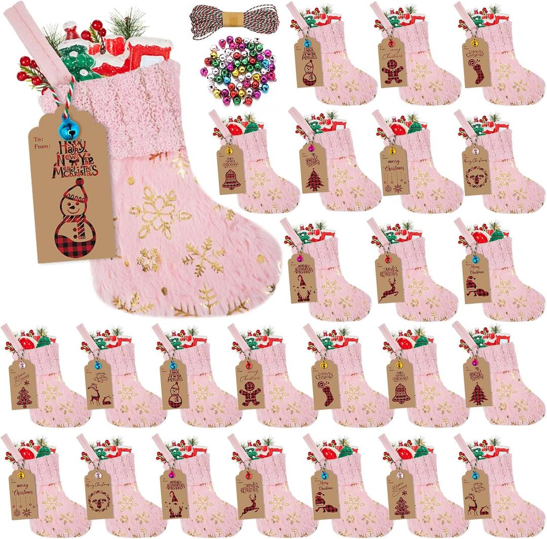24 Set Mini Pink Christmas Stockings Set with Gold Sequin Snowflake 6 Inch Faux Fur Xmas Hanging Stocking Small Plush Xmas Stocking with Christmas Kraft Gift Tags