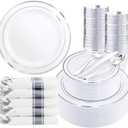 WDF Partyware 350Piece Silver Plastic Dinnerware Set for 50 Guests - Silver Plastic Plates with Cutlery Include:50Dinner Plates-50Dessert Plates-50Pre Rolled Napkins with Silverware Party Wedding