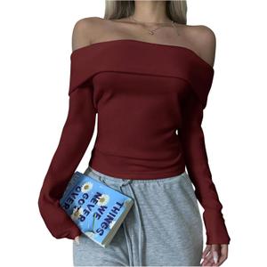 SOLY HUX Women's Off The Shoulder Top Long Sleeve Going Out Tops Slim Fitted T Shirt Fall Clothes Pure Burgundy Small (Red, S)
