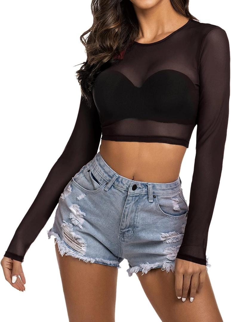 Avidlove Women's Mesh Tops Long Sleeve See Through Tee Shirt Crop Sheer Blouse Sexy Clubwear XS-4XL (Black, XS)