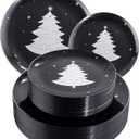 WDF 50 Pieces Christmas Plates Plastic - Black and Silver Plates with Christmas Tree include 25 Dinner Plates, 25 Salad Plates - Black Silver Party Plates for Christmas, Winter (10.25INCH+7.25INCH)