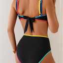 Eomenie Bikini Sets for Women Two Piece Swimsuits High Waisted Color Block Bathing Suits Tie Back Swimwear (Black, L)