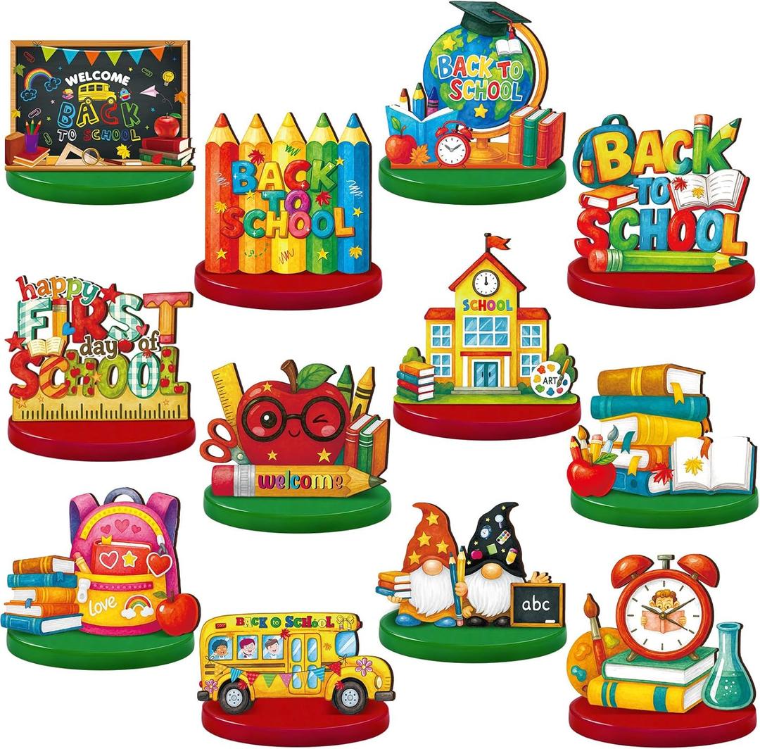 Wesiti 12 Pcs Back to School Table Decorations Wooden First Day of School Table Centerpiece Alarm Clocks Backpacks Tabletop Topper Decor for Classrooms Office Home Tiered Tray Decor Party Favor