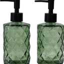 Green Glass Soap Dispenser with Black Plastic Pump, 12oz Refillable Liquid Hand Soap Dispenser, 2 Pack Crystal Lotion Bottle for Modern Home Decor, Bathroom, Kitchen Countertop, Hotel
