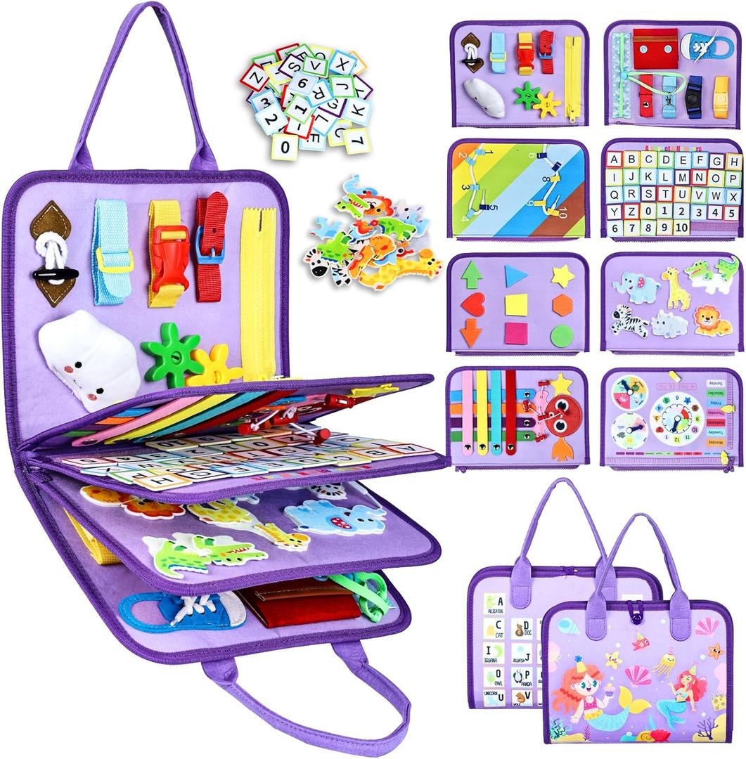 Esjay Toddler Busy Board Montessori Toys for Girls, Sensory Book Educational Activities Learning Fine Motor Skills, Birthday Gifts for Girls Toddlers, Travel Toys for Airplane Car, Purple Merpeople