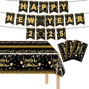 4Pcs Happy New Year Decorations,Includes Gold Glitter Banner + Happy New Year Tablecloth,New Years Eve Party Supplies, Black