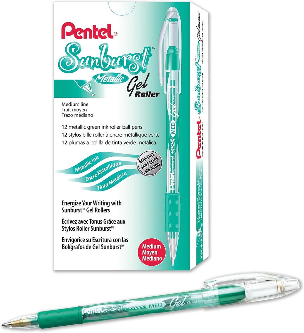 Pentel Sunburst Metallic Gel Pen, 0.8mm Tip Writes 0.4mm Line, Green/Transparent Barrel Green Ink, Box of 12 (K908-MD)