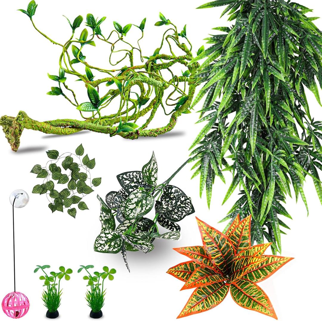 Repitle Plants for Bearded Dragon Tank Accessories, Terrarium Hanging Plants Artificial Leaves Reptile Decor Flexible Jungle Vine Tank Accessories for Gecko Ball Python Lizard Snake Chameleon (Style-bn)