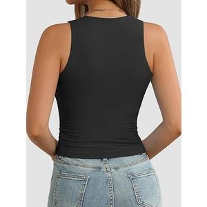 ATHMILE Womens Double Lined Crop Tank Tops Casual Basic Shirts Sleeveless Workout Tops Cute Summer Clothes Teen Girls, Black, Large