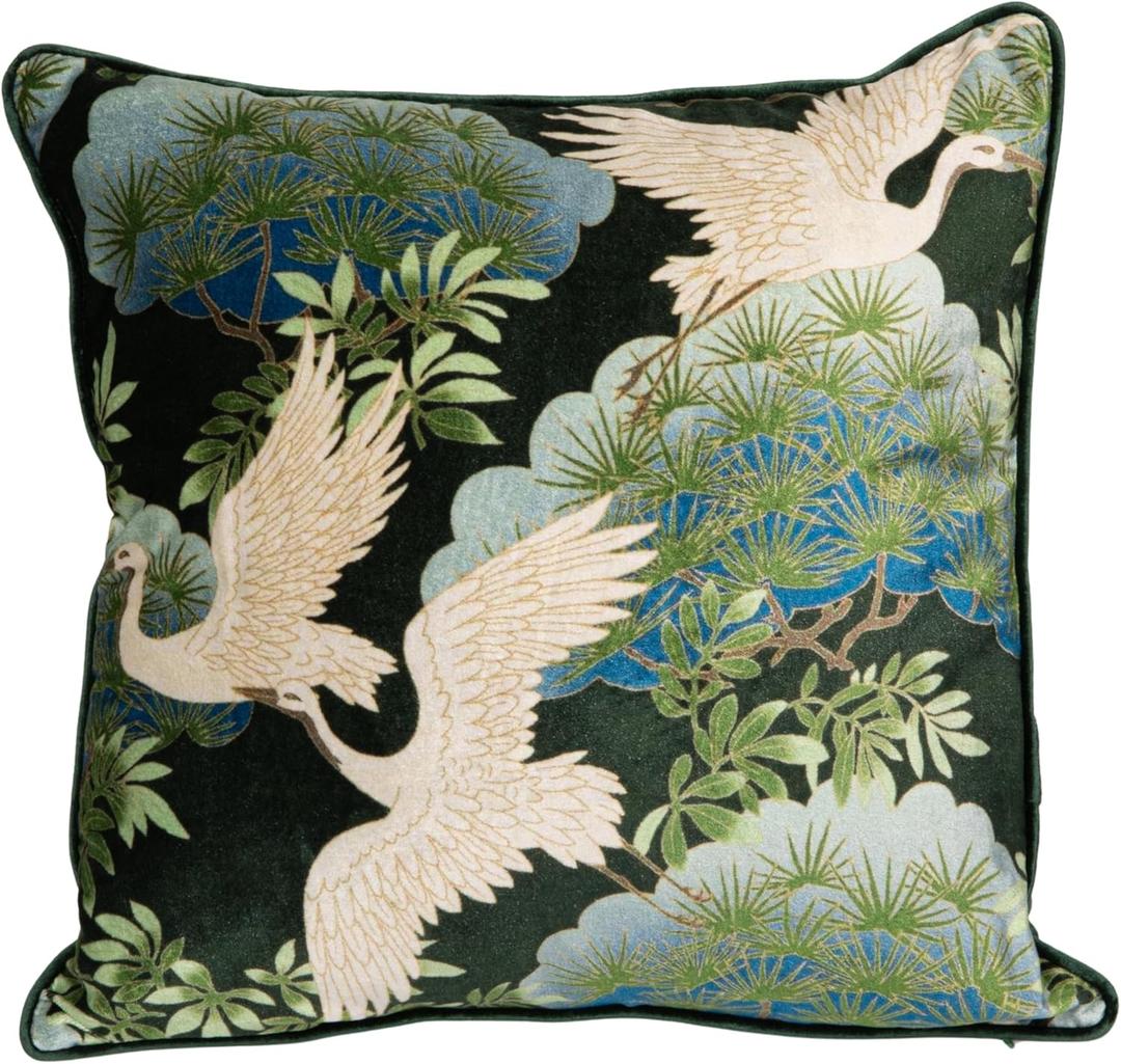 Creative Co-Op Cotton Blend Velvet Printed Pillow with Cranes and Piping, Multicolor, Green